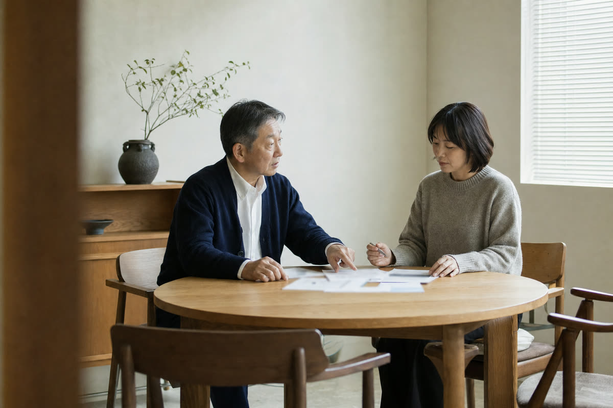 小さな会社の会議室で、実施体制を相談する経営者と総務担当者