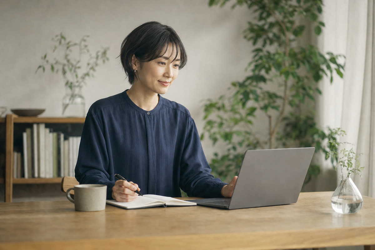 小さな事務所で、外部の専門職とオンラインで打ち合わせる総務担当者