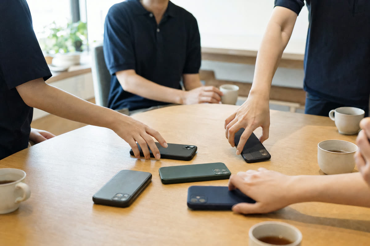 休憩室の机に並ぶスマートフォン