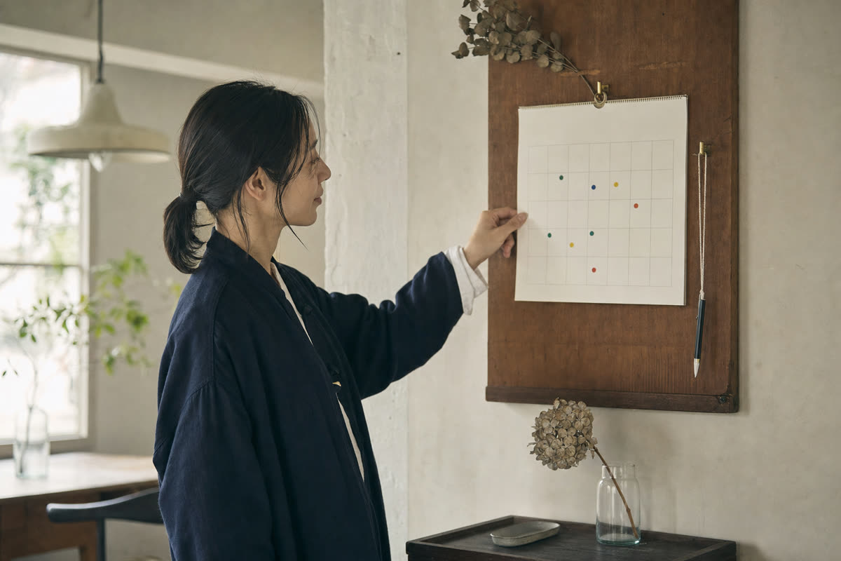入社からの月数と、短いアンケートの時期を書き込んだカレンダー