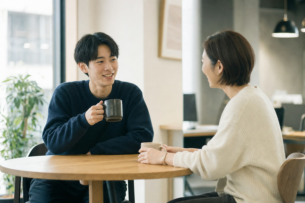 入社半年の若手社員と先輩が、カフェスペースで向き合って話している様子