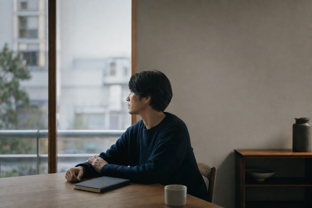 夕方の窓辺で、ノートを前に考え込む中堅社員の横顔