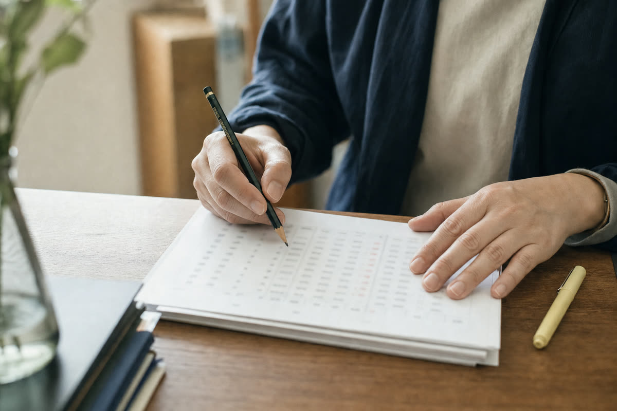 社員名簿に契約期間と週の労働時間を書き込み、対象者を確かめる総務担当者の手元