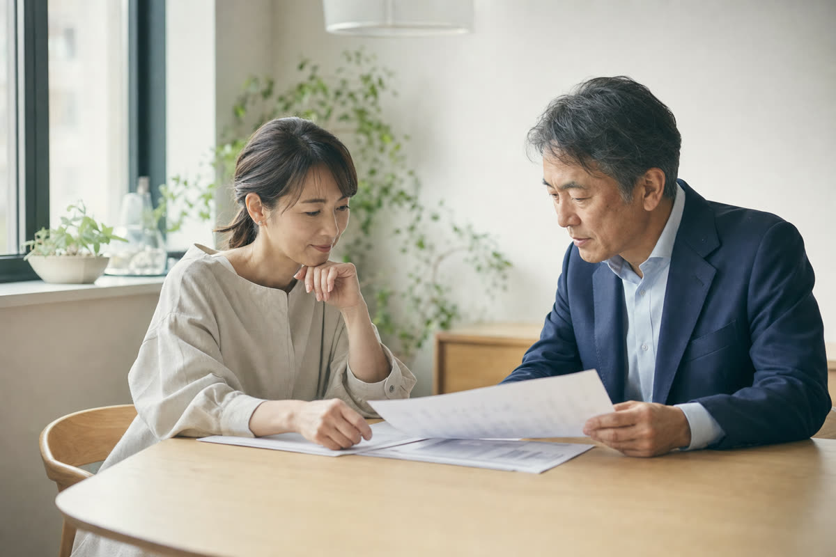 評価制度の資料と研修の計画表を机に広げて話し合う総務担当者と社労士