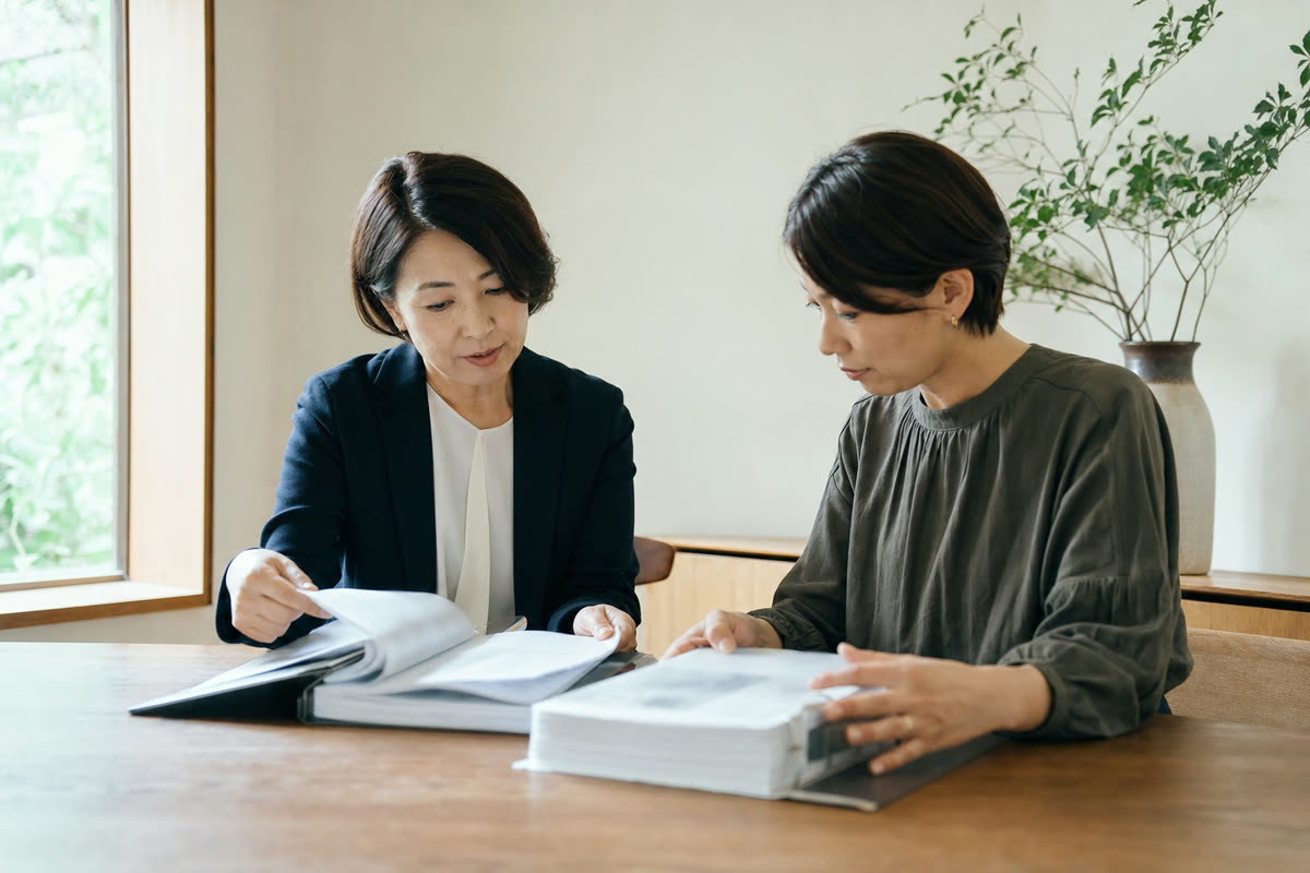 社会保険労務士と会社の総務担当者が、出勤簿と賃金台帳をめくりながら確認している様子