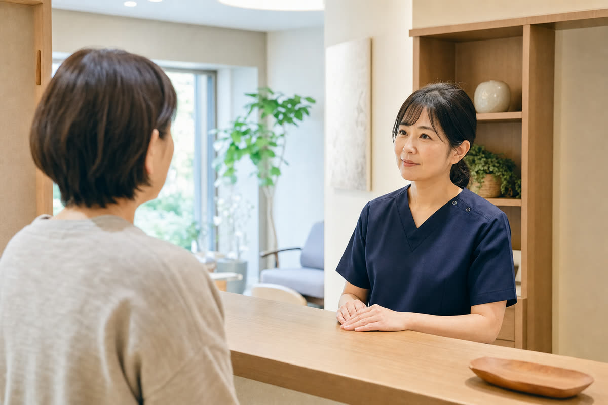 介護施設の受付で、落ち着いた表情の職員が来訪者の家族と向き合っている様子