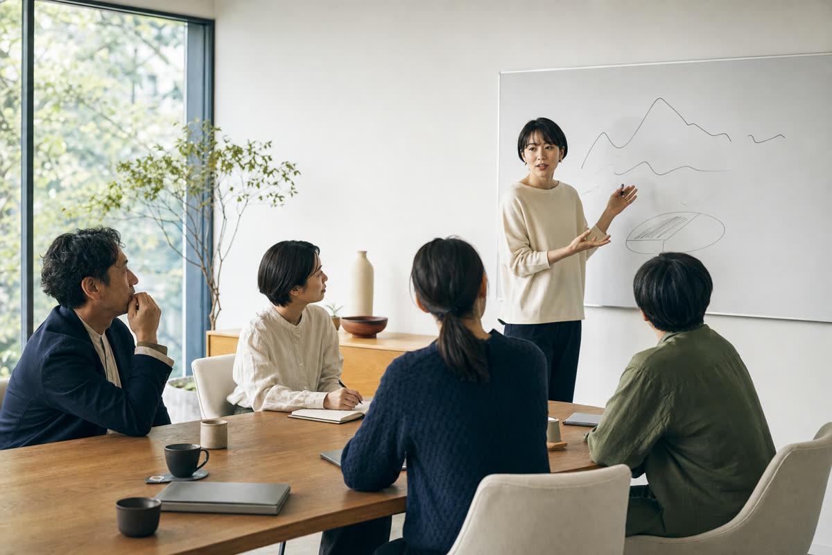 小さな会社の会議室で、管理職向けのハラスメント防止の説明を聞く社員たち