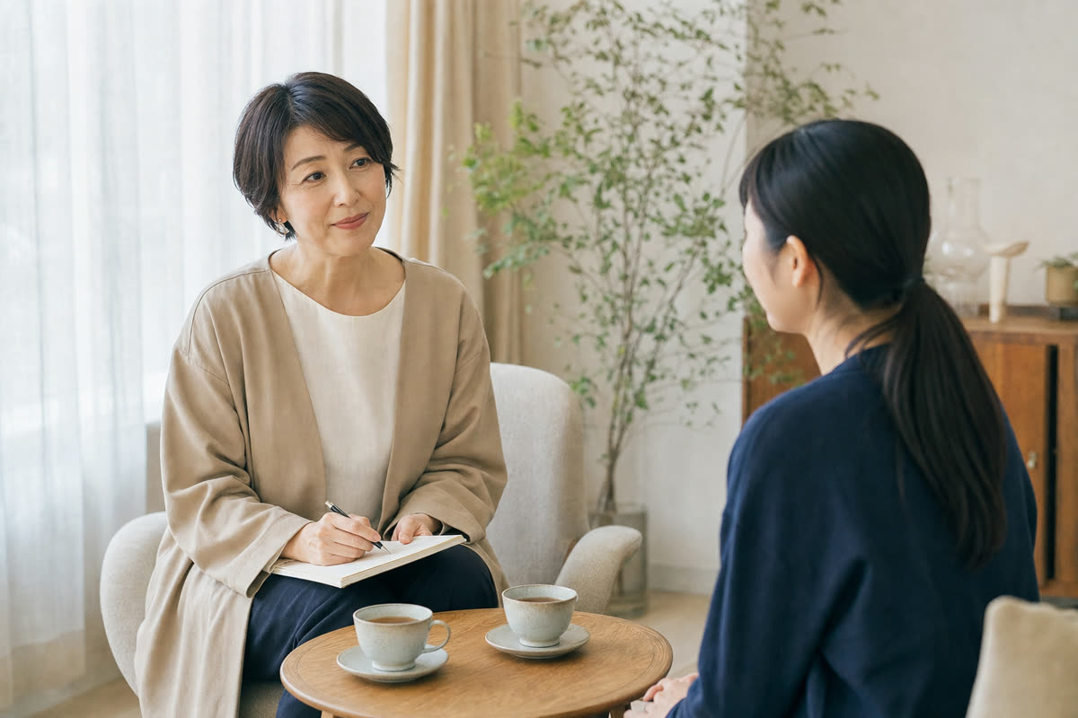 明るい面談室で、女性の相談担当者が落ち着いた様子で社員の話を聞いている場面
