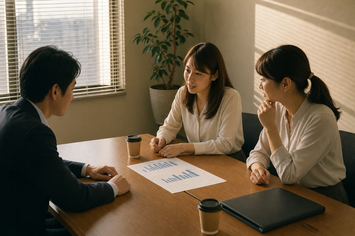 名前のない棒グラフの表を囲んで話し合う3人