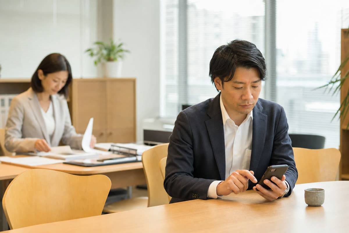 スマートフォンで質問に答える社員と、離れた机で書類を整理する人事担当者