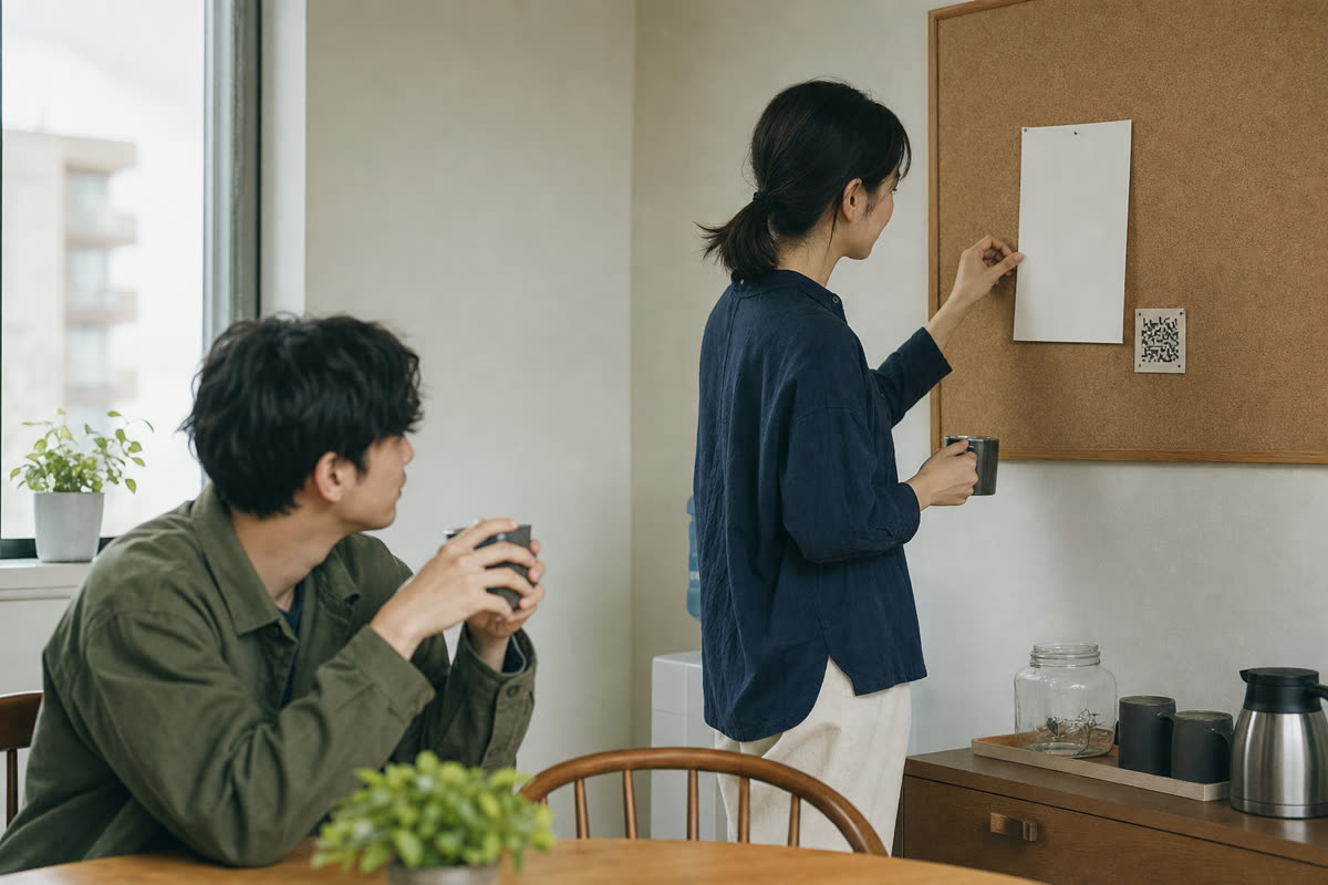 休憩室の掲示板に案内の紙を貼る社員と、近くでお茶を飲む同僚