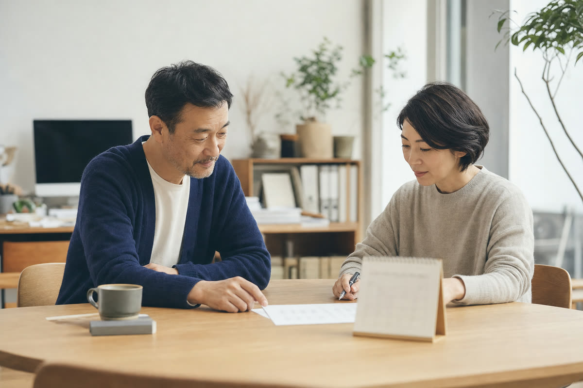 小さな会社の机で、社長と事務の担当者がチェックリストと卓上カレンダーを前に話し合う様子