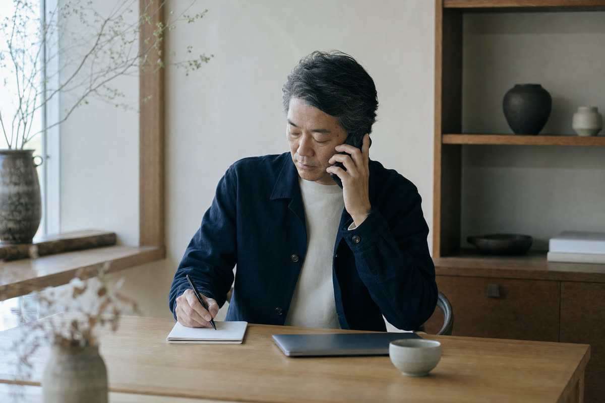 机で電話をしながらメモを取る会社の経営者