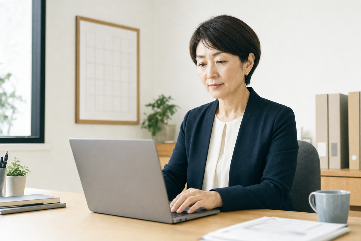 介護事業所の事務室で、画面を見ながら作業する事務の担当者