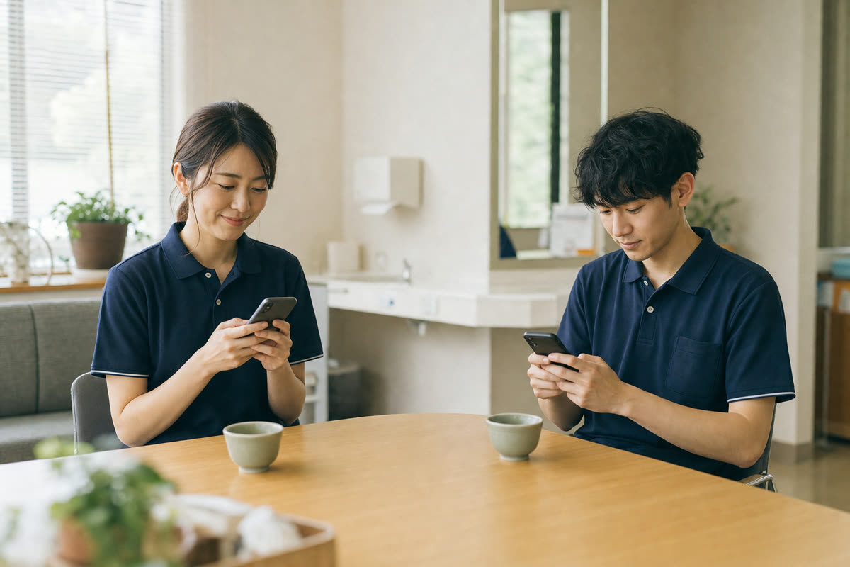 介護施設の休憩室で、それぞれのスマートフォンでアンケートに答える2人の職員