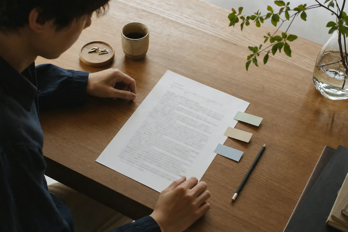 求人票の下書きの紙に、付せんがいくつか貼られた机の上