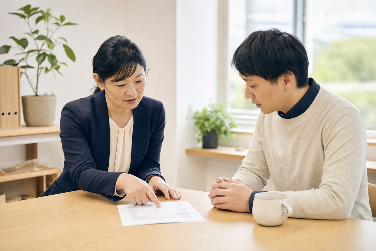 介護施設の事務室で、求人の下書きの紙を前に話し合う管理者と事務の担当者
